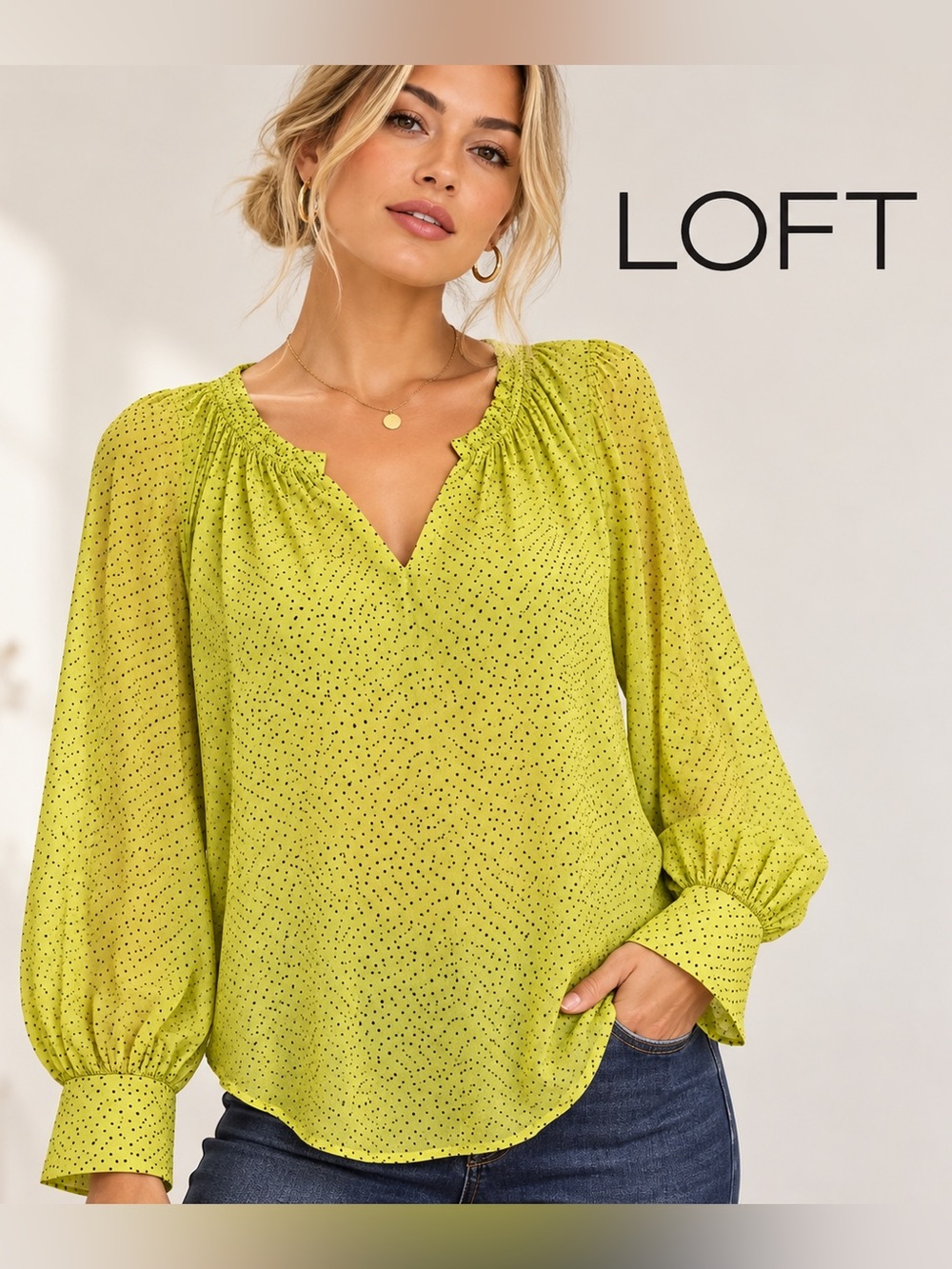 Ann Taylor LOFT Women's Polka Dot V-Neck Blouse Chartreuse Yellow Size S